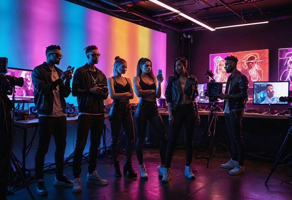 A dynamic and provocative scene depicting a diverse group of creators filming a vibrant NSFW video blog in a stylish urban studio. The backdrop includes colorful neon lights and decorative elements that hint at explicit content, while the creators engage with cameras and equipment. Emphasize a sense of authenticity and modernity in their expressions and actions. The atmosphere should be lively and edgy, reflecting the bold nature of the content. super-realistic. vibrant colors. cyberpunk.